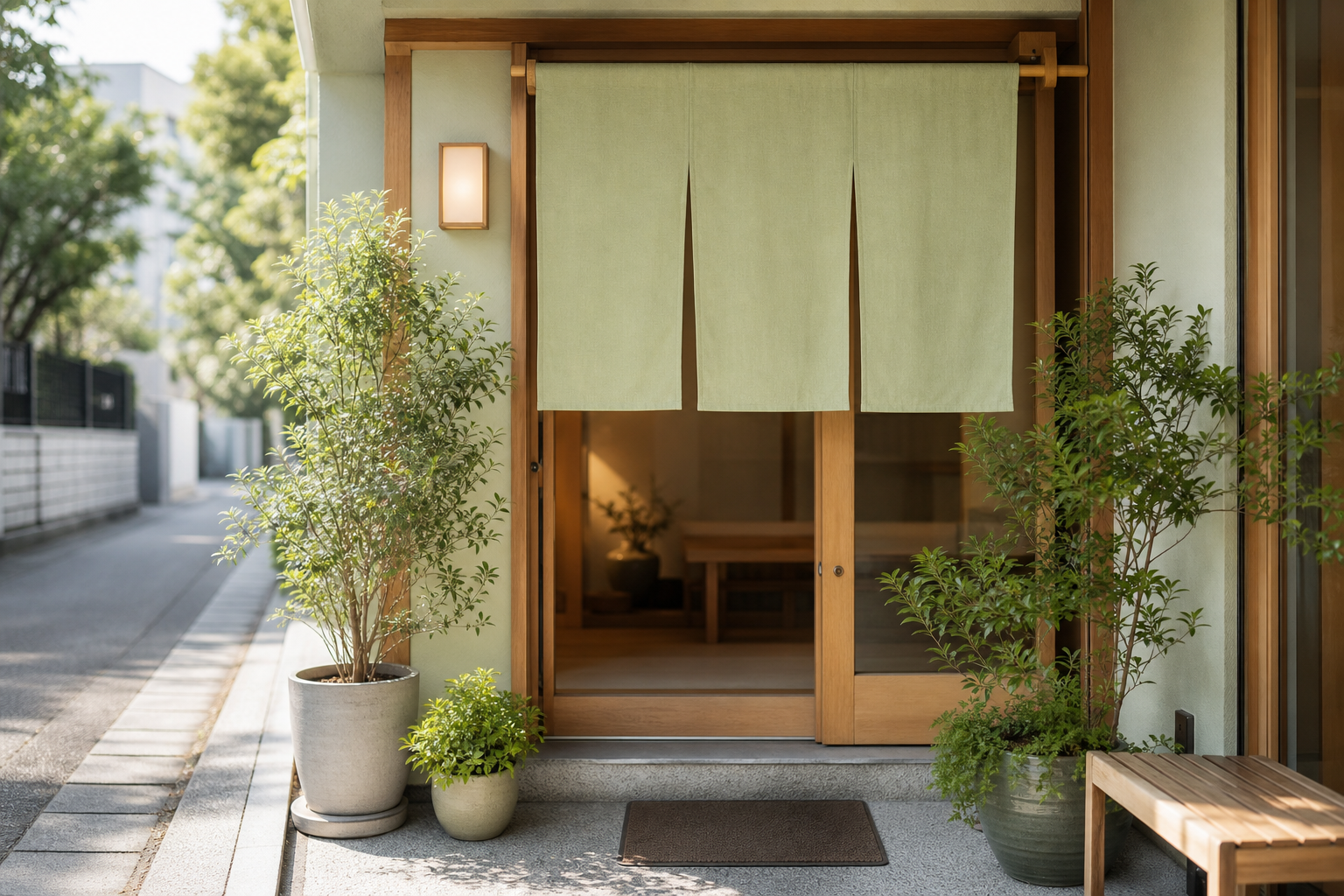 植物が置かれた清潔であたたかな整体院の入口イメージ